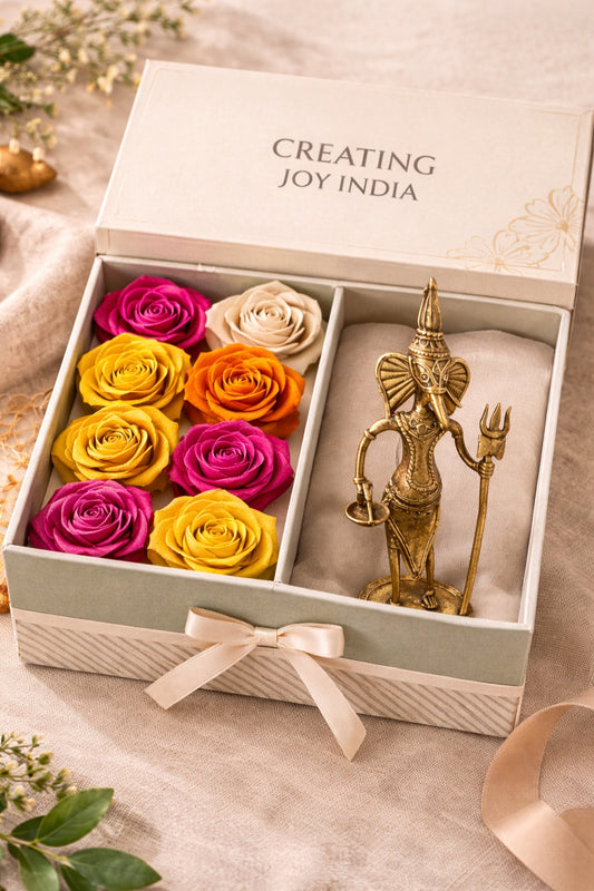 Dhokra Ganesh & Sholapith Flower Gift Box | Handcrafted Artisan Festive Hamper